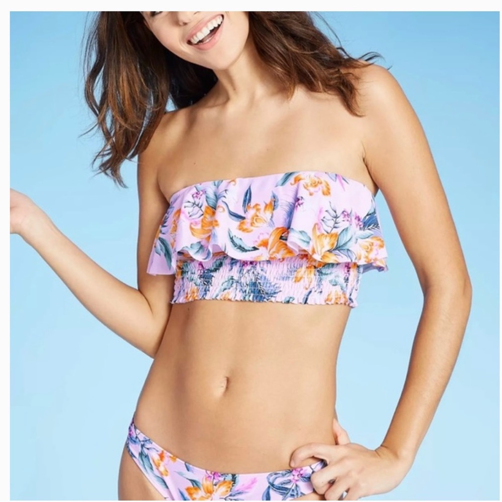 Xhilaration Lavender Floral Women's Smocked Flounce Bandeau Bikini Set👙L…